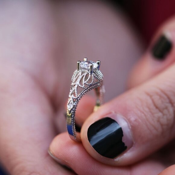 Dainty Zircon Pattern Hollow Carved Silver Vintage Rings for Women, EVGG1583 - Picture 2 of 7